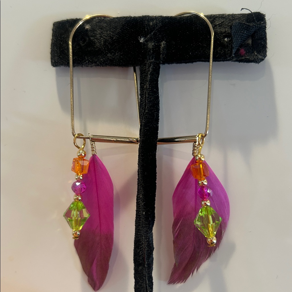 Pink Feather & Crystal Earrings-Nwt